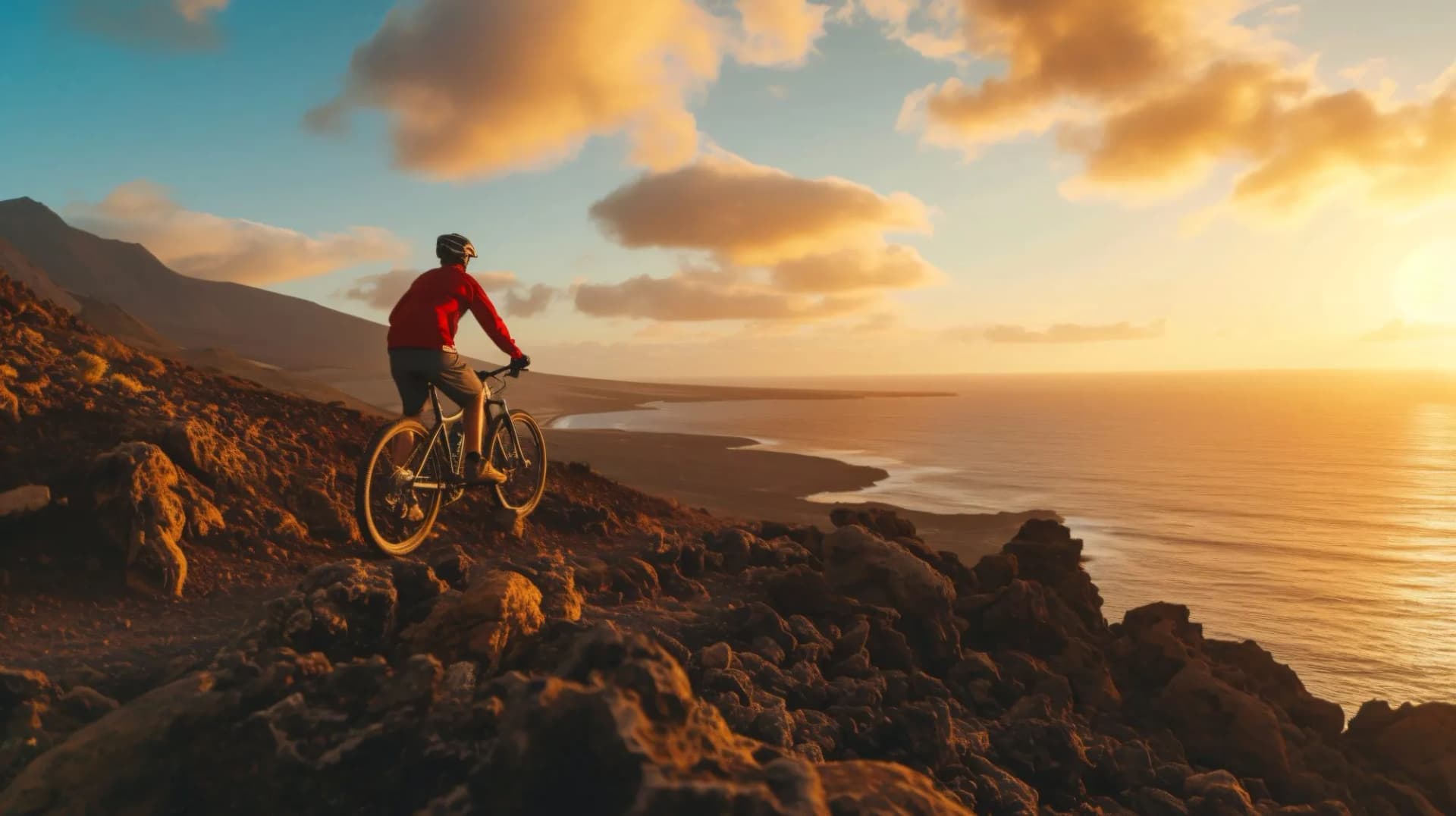 Mountain biker on rocky terrain overlooking the ocean at sunset in Lanzarote.
