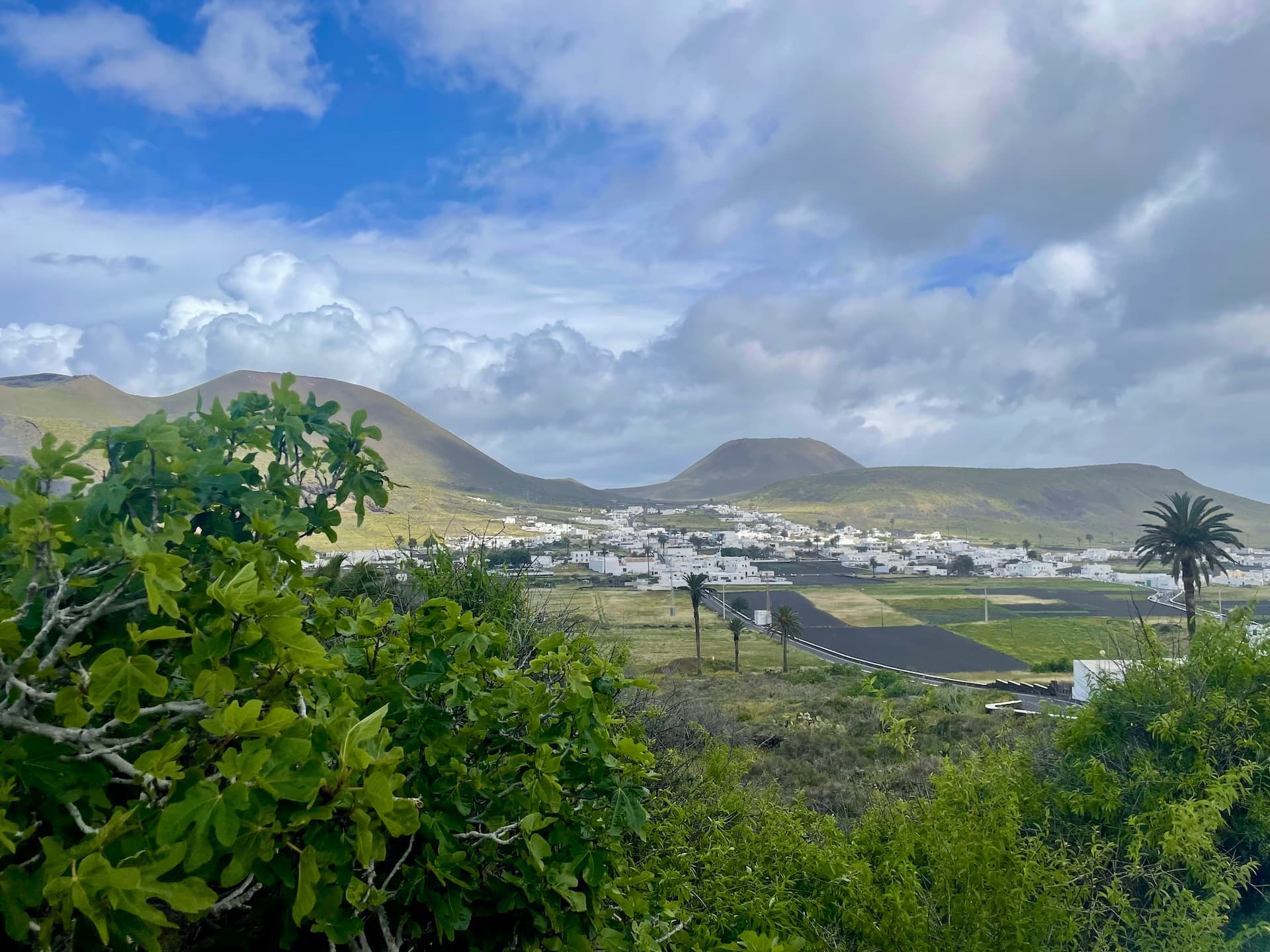 White village nestled in a volcanic valley with mountains and palm trees in Lanzarote.