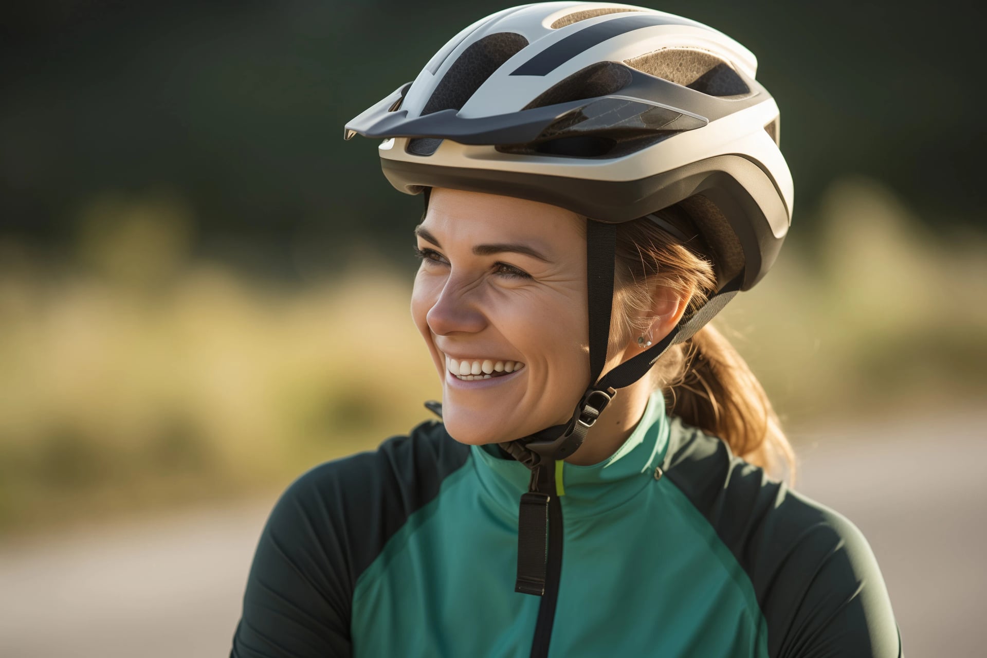 A woman smiling and wearing a cyclist helmet.