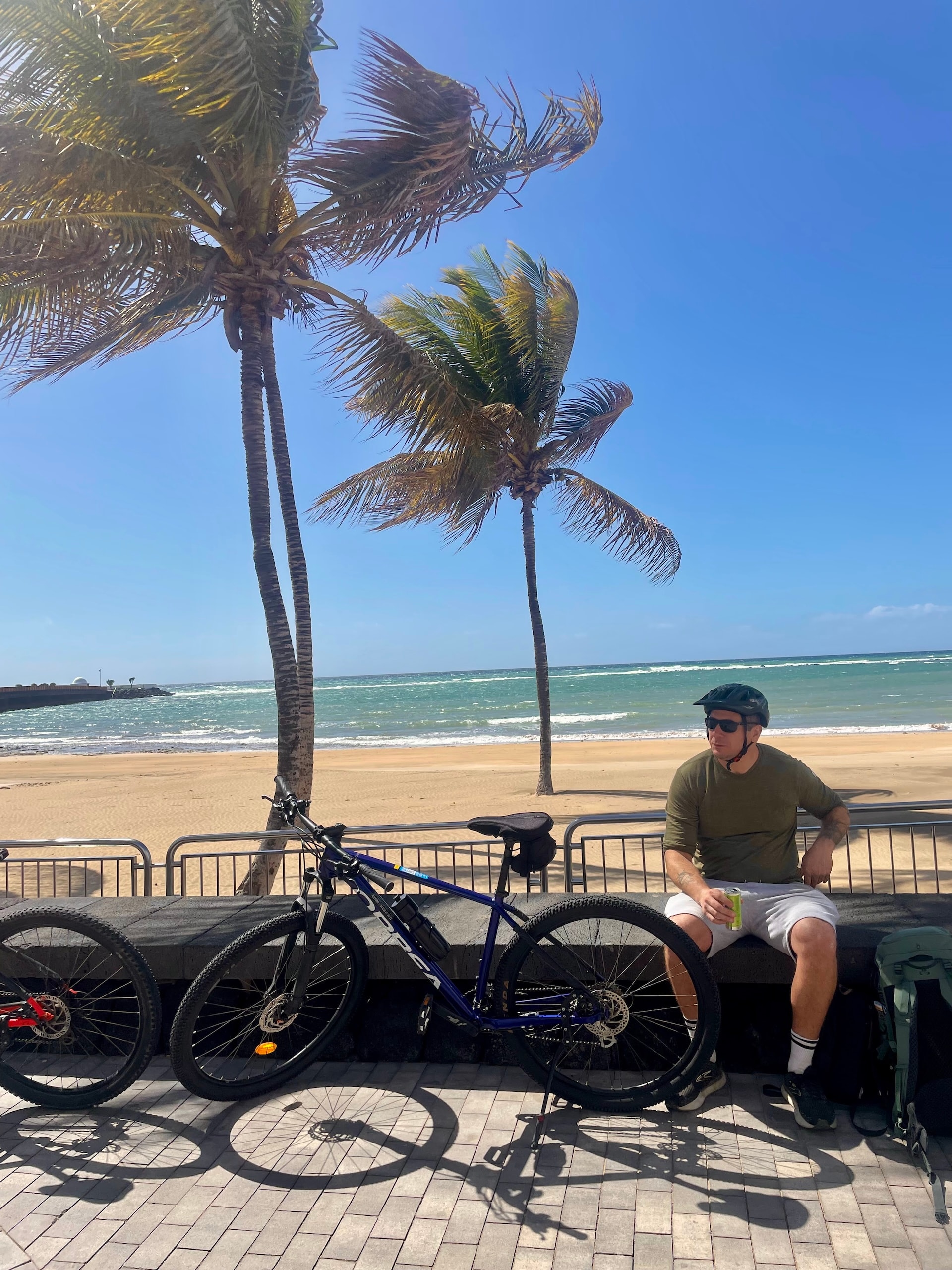 Cyclist resting with mountain bike by the beach in Lanzarote with palm trees and ocean view.