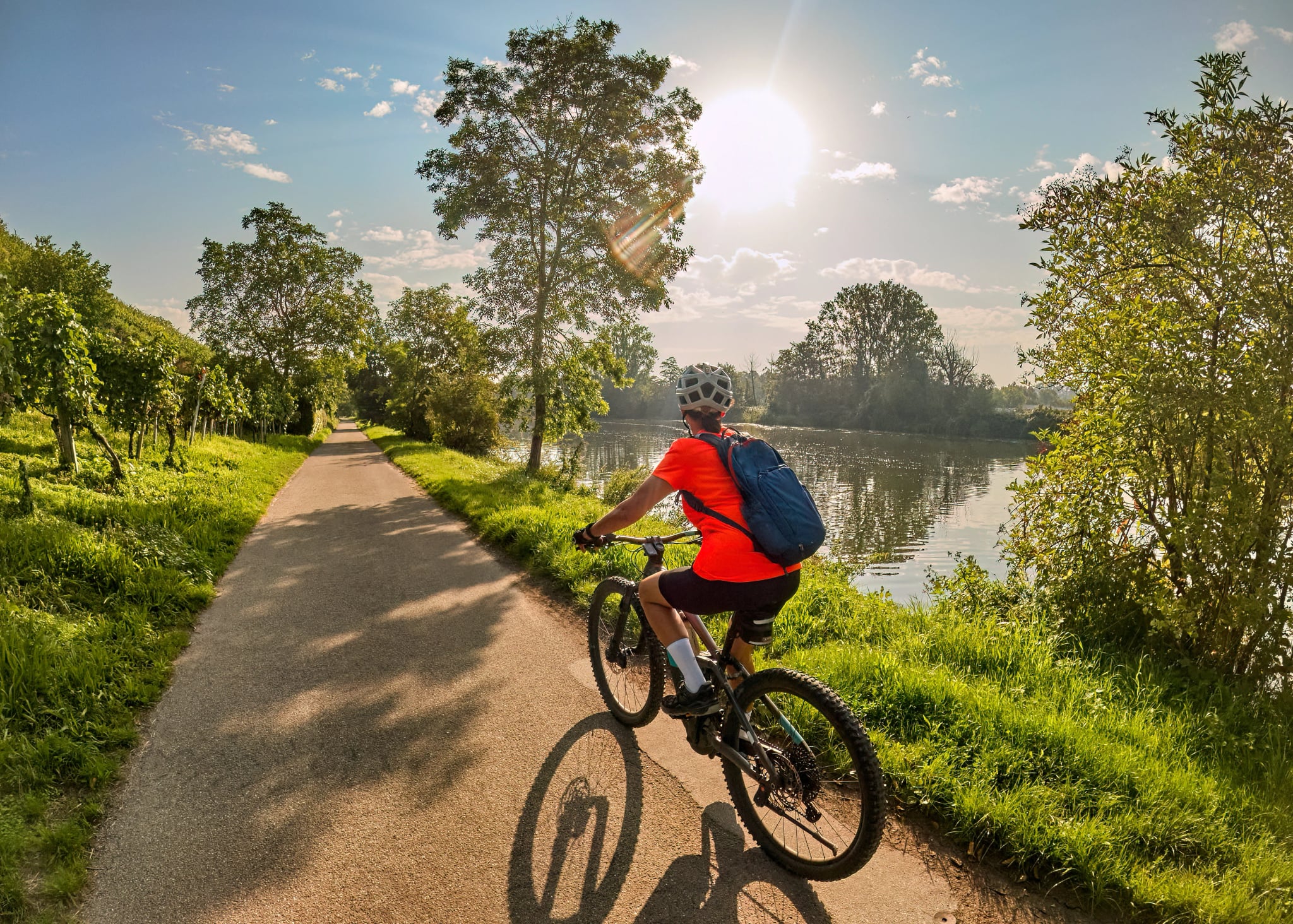 nice woman with electric mountain bike, cycling in moody morning light on the Neckar valley bicycle path near Ludwigsburg, Baden Württemberg, Germany