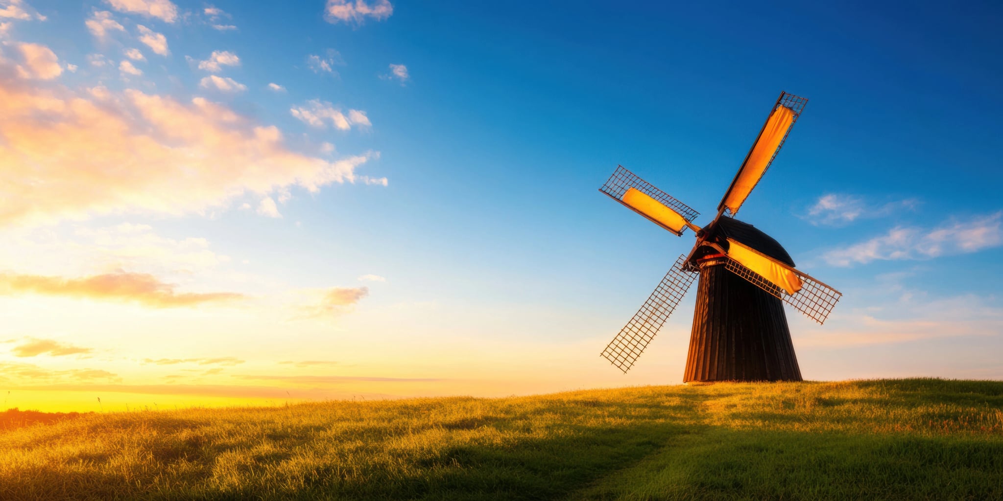Sustainable Heritage Tourism Golden Hour Dutch Windmill Landscape - Eco-Friendly Travel Experience Celebrating Renewable Energy and Cultural Preservation